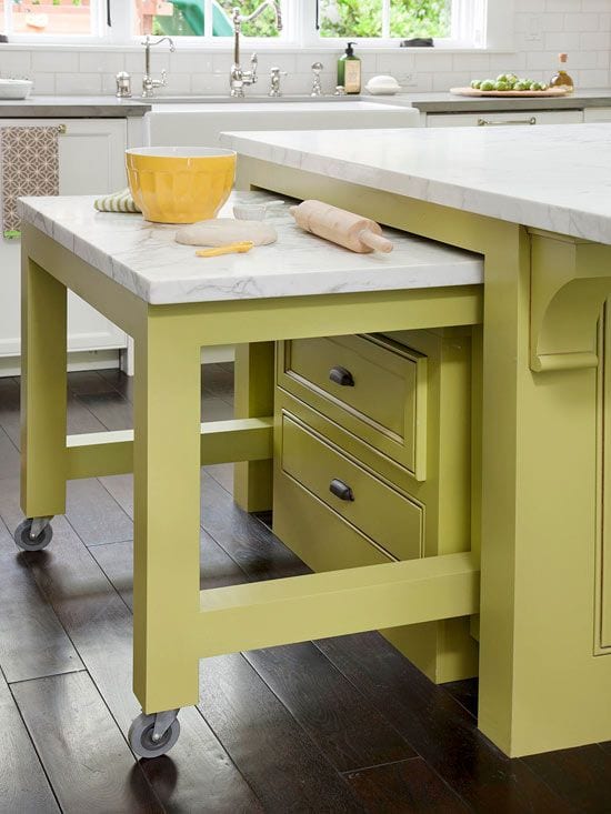 space-saving idea and furniture for small kitchens with green island and kitchen worktop made of white natural stone