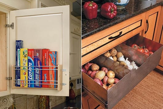 space-saving ideas for the kitchen with storage space on the cabinet door and as a drawer for fruit and vegetables