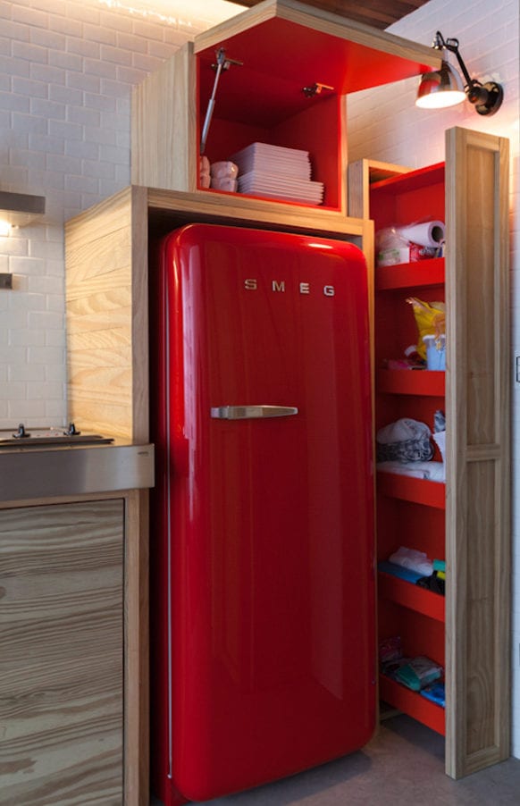 retro refrigerator red for the kitchen made of wood with modern kitchen cabinets in wood and red