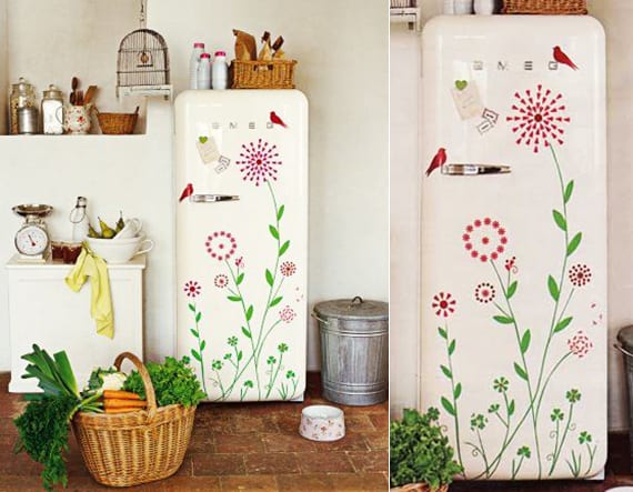 the kitchen in retro style with white smeg fridge with flower wall decal