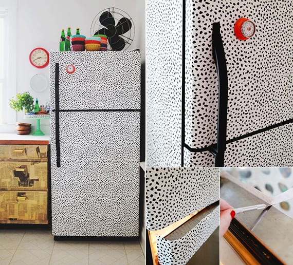 Design a small kitchen in retro style and cover the white refrigerator with adhesive film