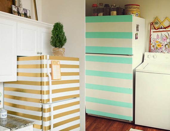 the kitchen in white with diy retro fridge in striped pattern