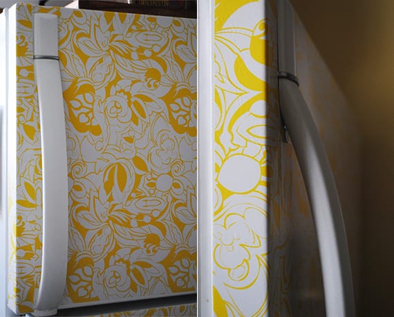 creative ideas for diy retro fridge with adhesive film_ redesign white fridge with yellow flower motif