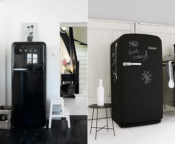 retro refrigerator in black for vintage kitchen design with wooden floor in black or white